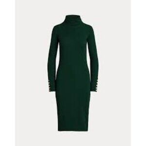Lauren Ralph Lauren Sz 12 Green Turtleneck Midi Sweater Dress W/ Gold Button Cuf